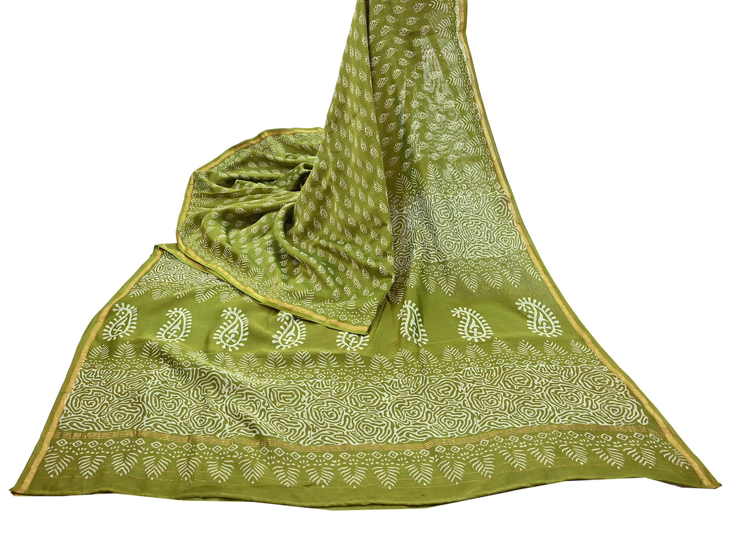 Indian Vintage Sari Green chanderi Silk Bagru Printed Saree 5Yd Fabric Floral Soft Zari Border Ethnic Upcycle Crafting Dress making