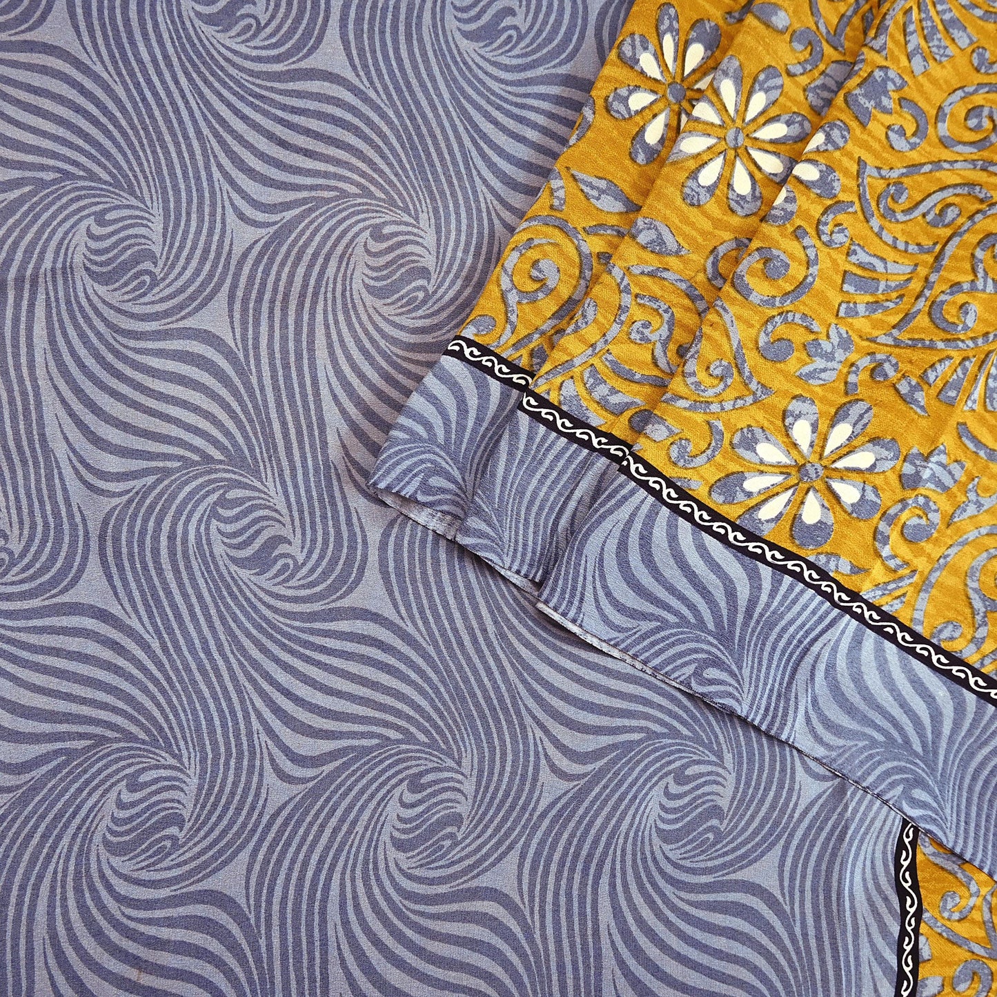 Indian Vintage Sari Gray & Mustard Pure Crepe Silk Printed Sarees 5yd Sewing Soft Craft Fabric Wrap Dress Making Crafting Quilting Upcycle