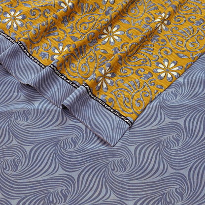 Indian Vintage Sari Gray & Mustard Pure Crepe Silk Printed Sarees 5yd Sewing Soft Craft Fabric Wrap Dress Making Crafting Quilting Upcycle