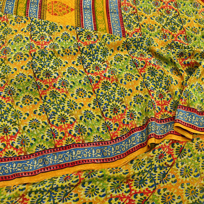 Indian Vintage Sari Saffron Pure Crepe Silk Block Printed Saree 5yd Sewing Floral Soft Craft Fabric Wrap Dress making Upcycle For Crafting