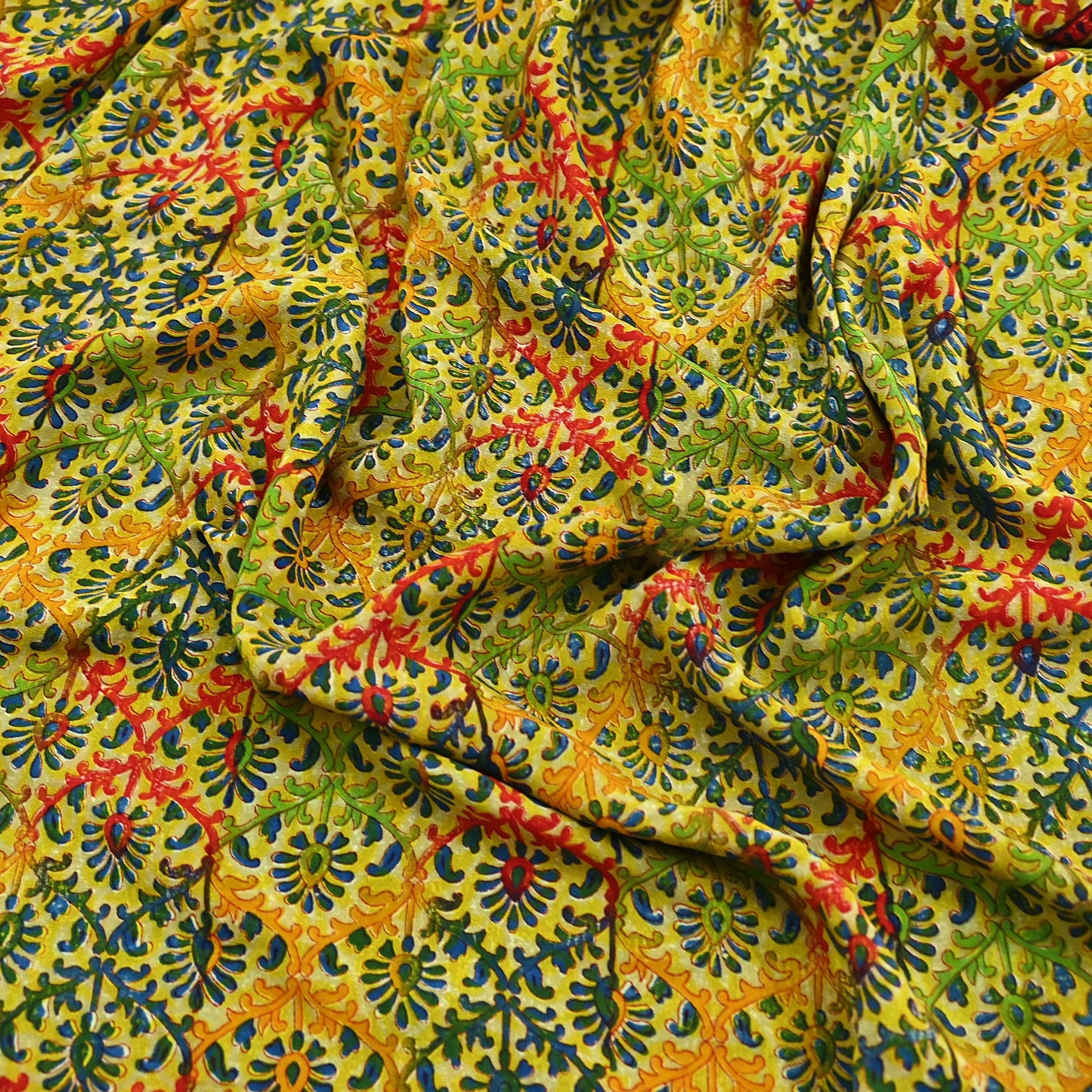 Indian Vintage Sari Saffron Pure Crepe Silk Block Printed Saree 5yd Sewing Floral Soft Craft Fabric Wrap Dress making Upcycle For Crafting