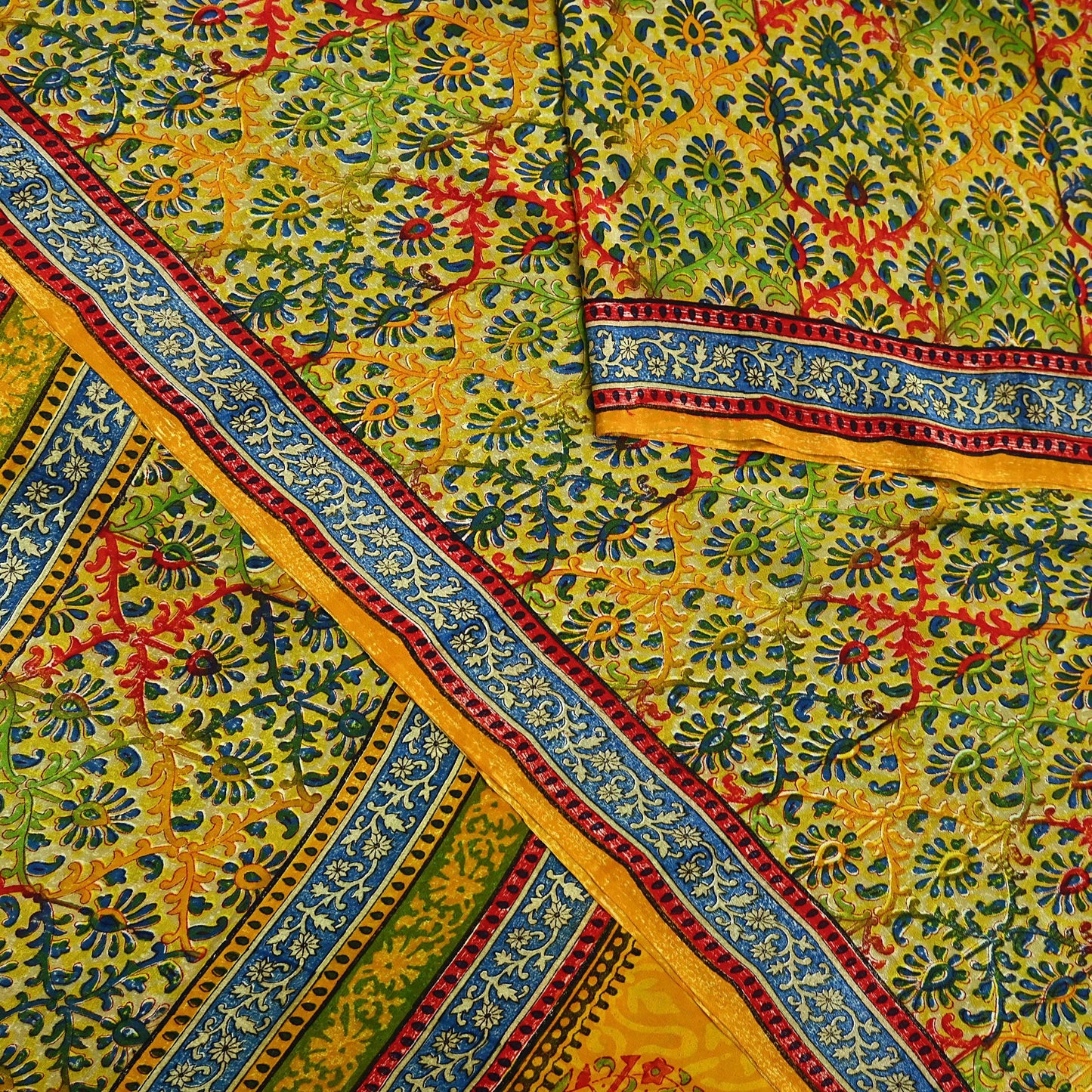 Indian Vintage Sari Saffron Pure Crepe Silk Block Printed Saree 5yd Sewing Floral Soft Craft Fabric Wrap Dress making Upcycle For Crafting