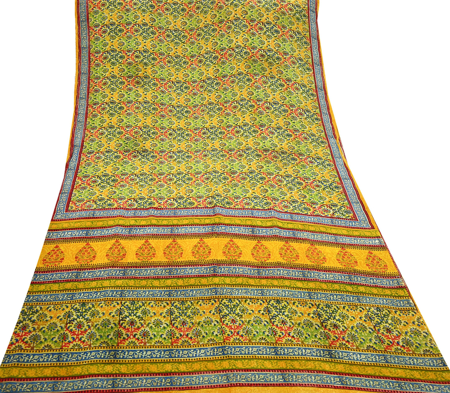 Indian Vintage Sari Saffron Pure Crepe Silk Block Printed Saree 5yd Sewing Floral Soft Craft Fabric Wrap Dress making Upcycle For Crafting