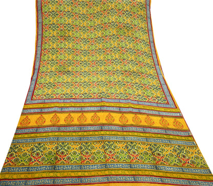 Indian Vintage Sari Saffron Pure Crepe Silk Block Printed Saree 5yd Sewing Floral Soft Craft Fabric Wrap Dress making Upcycle For Crafting