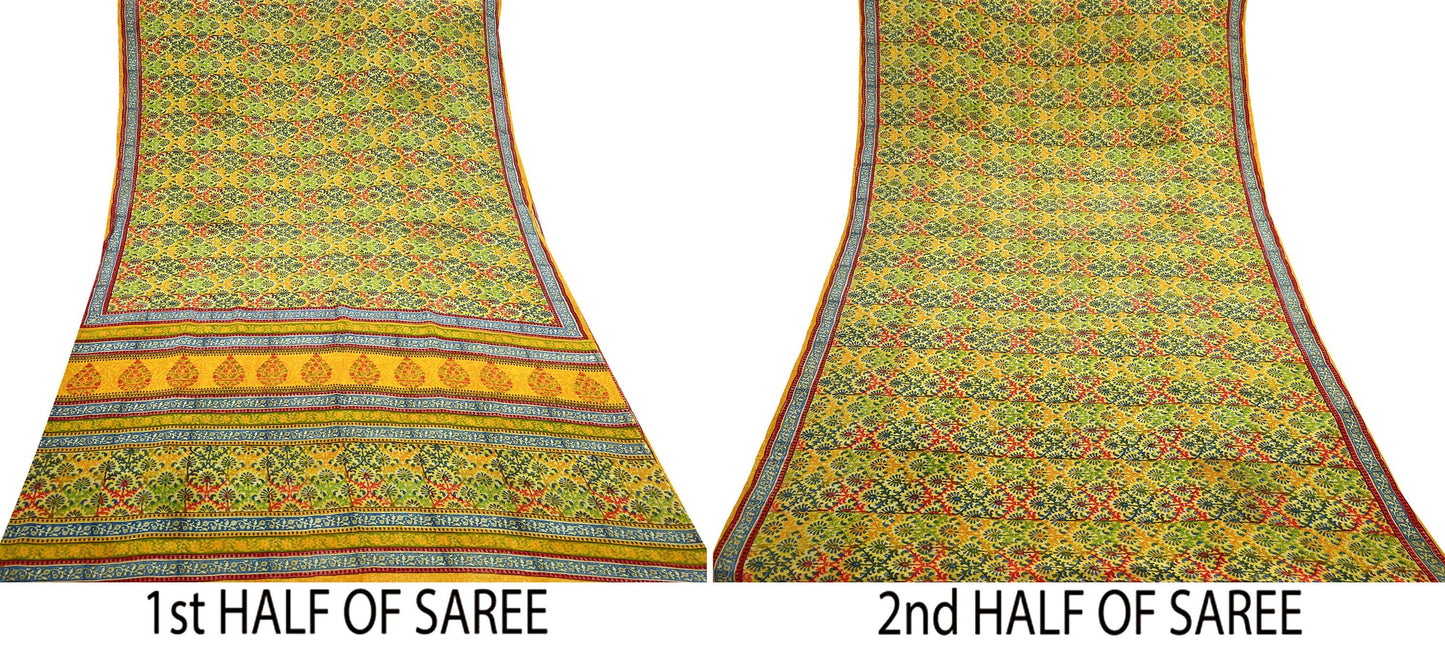 Indian Vintage Sari Saffron Pure Crepe Silk Block Printed Saree 5yd Sewing Floral Soft Craft Fabric Wrap Dress making Upcycle For Crafting