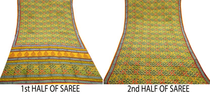 Indian Vintage Sari Saffron Pure Crepe Silk Block Printed Saree 5yd Sewing Floral Soft Craft Fabric Wrap Dress making Upcycle For Crafting