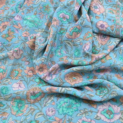 Indian Vintage Sari Blue Pure Crepe Silk Printed Saree 5yard Sewing Quilting Floral Soft Craft Fabric Wrap