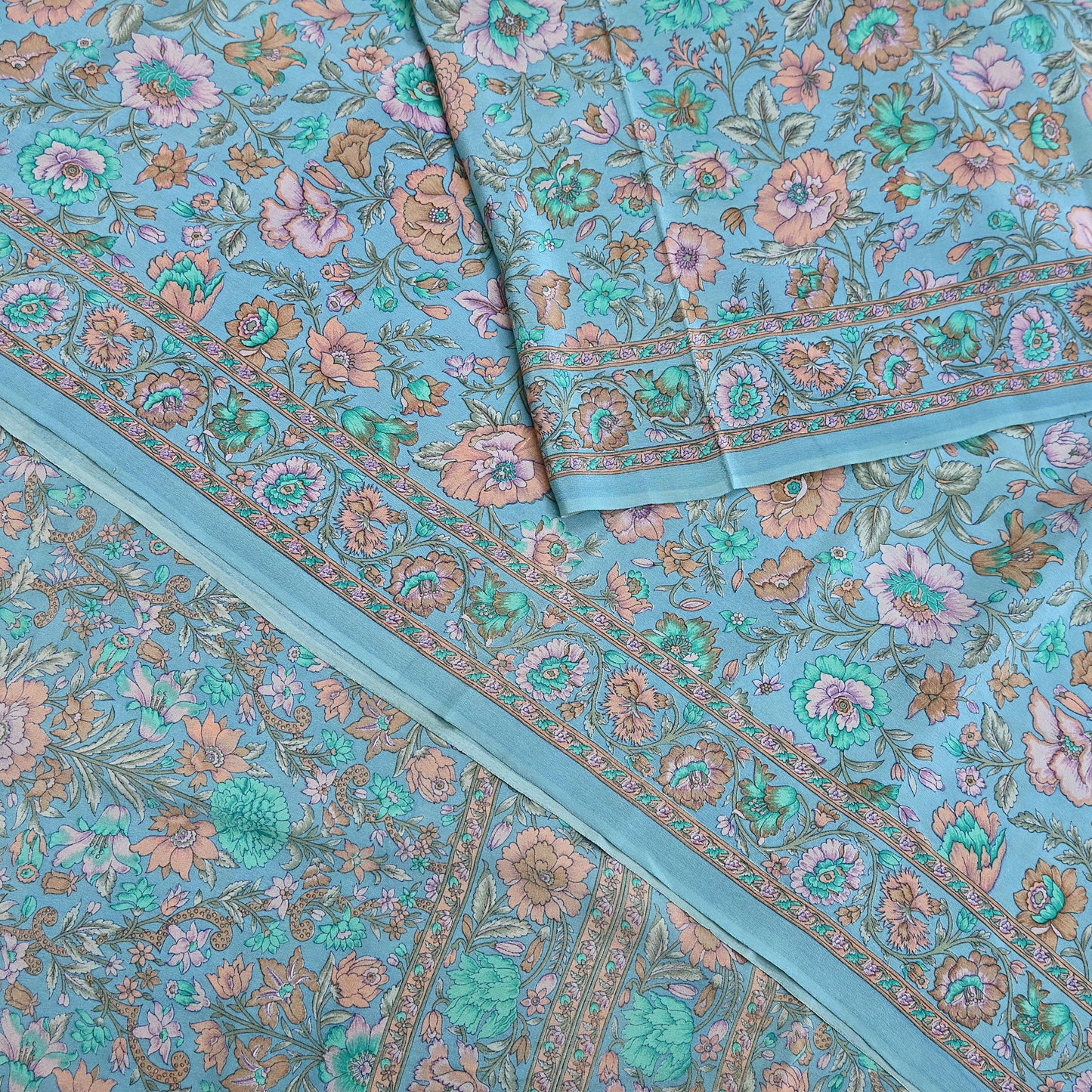 Indian Vintage Sari Blue Pure Crepe Silk Printed Saree 5yard Sewing Quilting Floral Soft Craft Fabric Wrap