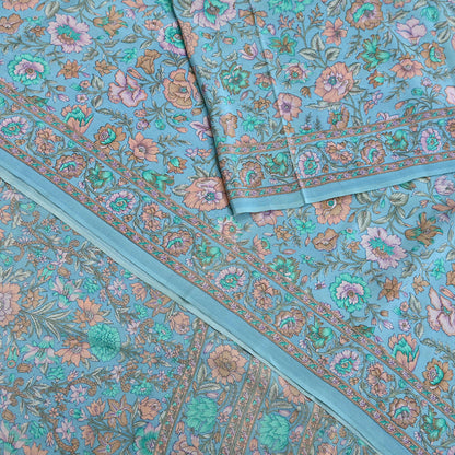 Indian Vintage Sari Blue Pure Crepe Silk Printed Saree 5yard Sewing Quilting Floral Soft Craft Fabric Wrap