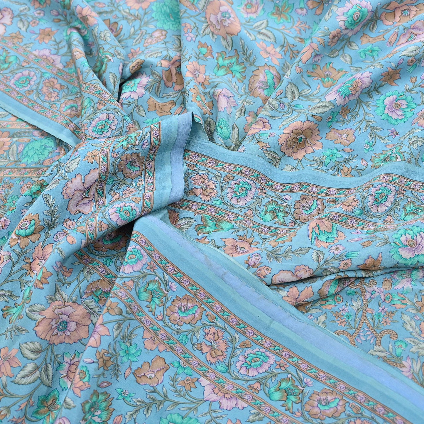 Indian Vintage Sari Blue Pure Crepe Silk Printed Saree 5yard Sewing Quilting Floral Soft Craft Fabric Wrap