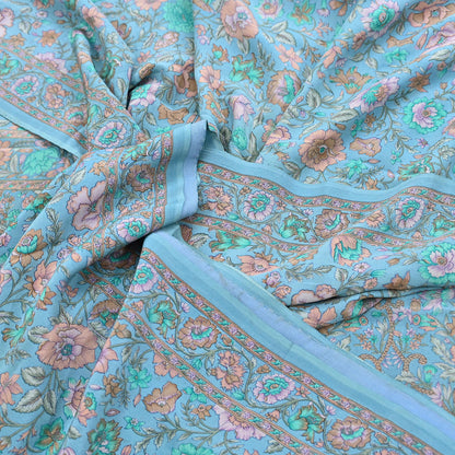 Indian Vintage Sari Blue Pure Crepe Silk Printed Saree 5yard Sewing Quilting Floral Soft Craft Fabric Wrap