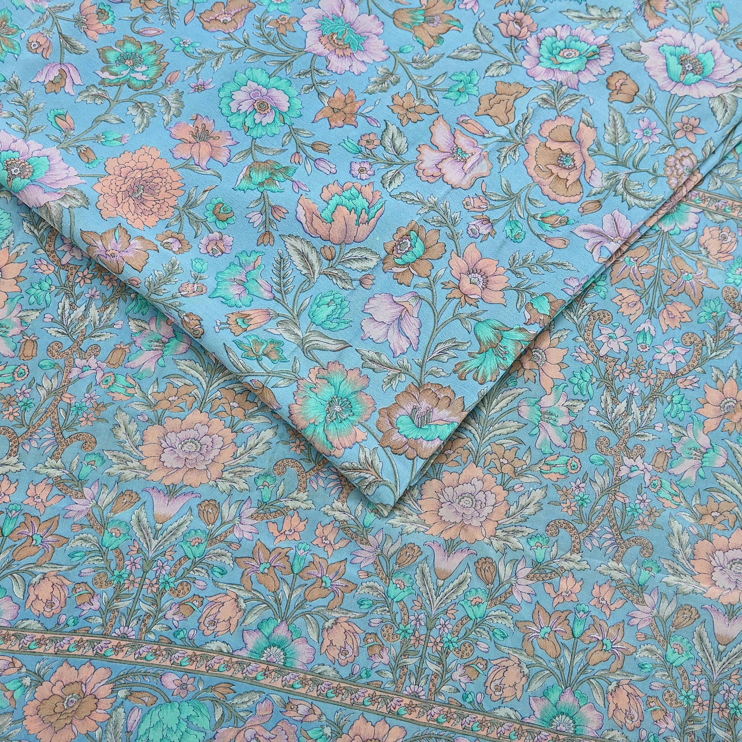 Indian Vintage Sari Blue Pure Crepe Silk Printed Saree 5yard Sewing Quilting Floral Soft Craft Fabric Wrap