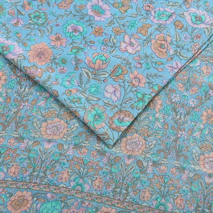 Indian Vintage Sari Blue Pure Crepe Silk Printed Saree 5yard Sewing Quilting Floral Soft Craft Fabric Wrap