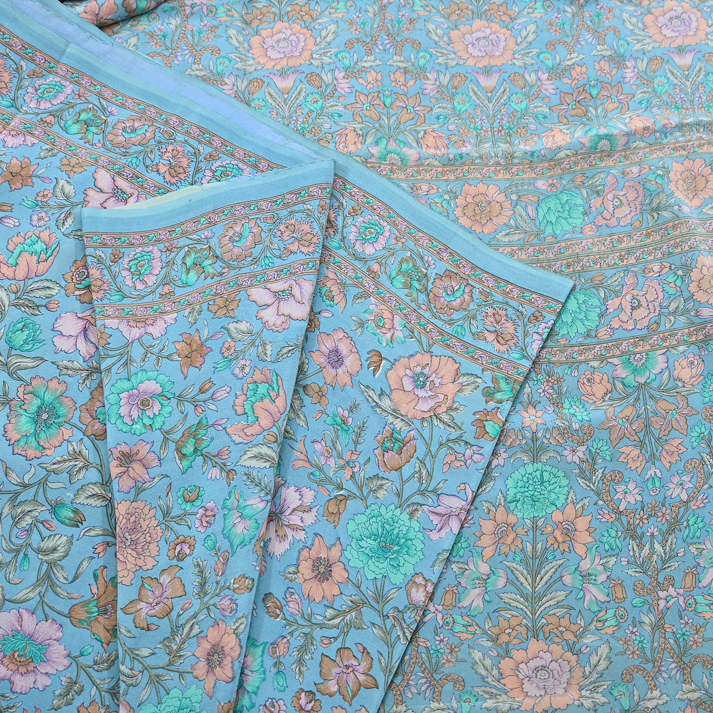 Indian Vintage Sari Blue Pure Crepe Silk Printed Saree 5yard Sewing Quilting Floral Soft Craft Fabric Wrap