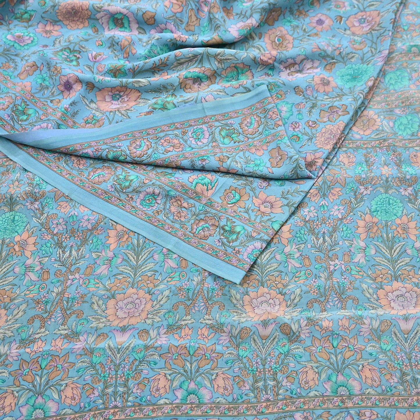 Indian Vintage Sari Blue Pure Crepe Silk Printed Saree 5yard Sewing Quilting Floral Soft Craft Fabric Wrap