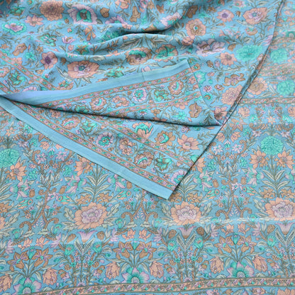 Indian Vintage Sari Blue Pure Crepe Silk Printed Saree 5yard Sewing Quilting Floral Soft Craft Fabric Wrap