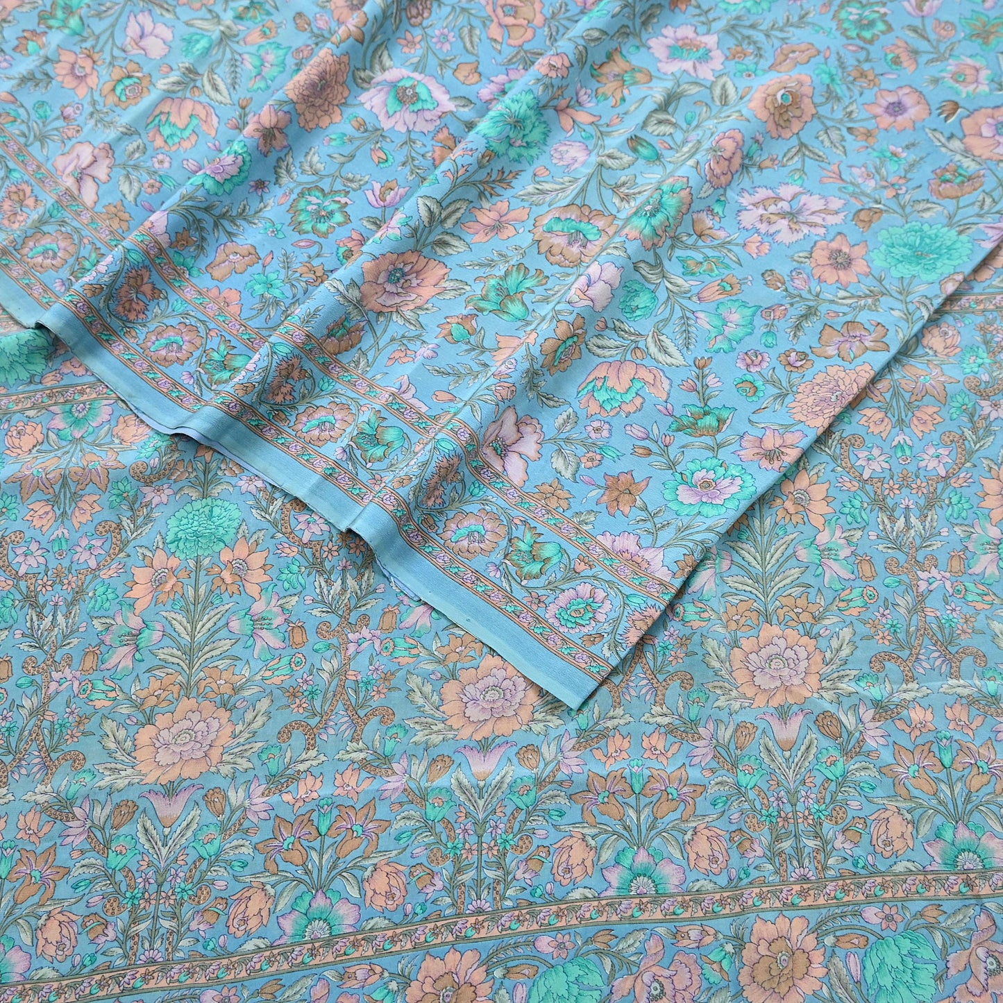 Indian Vintage Sari Blue Pure Crepe Silk Printed Saree 5yard Sewing Quilting Floral Soft Craft Fabric Wrap