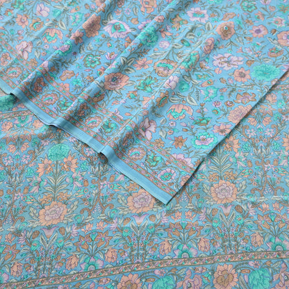 Indian Vintage Sari Blue Pure Crepe Silk Printed Saree 5yard Sewing Quilting Floral Soft Craft Fabric Wrap