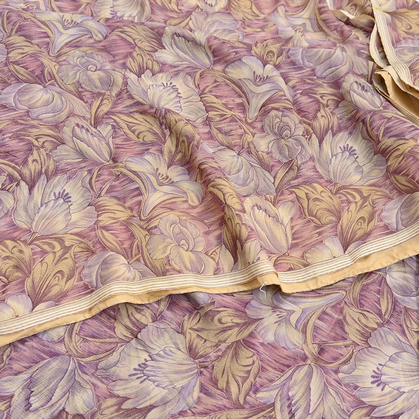 Vintage Saree Beige Pure Chiffon Silk Printed Sari Craft Fabric Sewing 5Yard Soft quilting crafting dress making