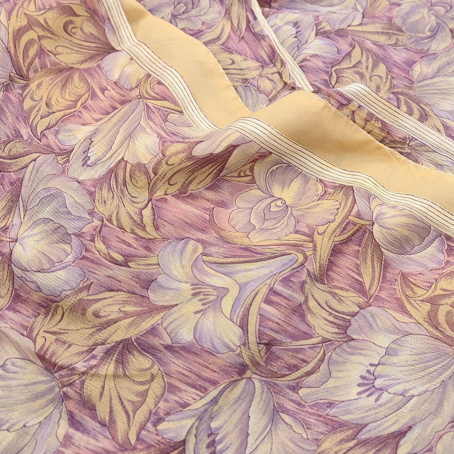 Vintage Saree Beige Pure Chiffon Silk Printed Sari Craft Fabric Sewing 5Yard Soft quilting crafting dress making