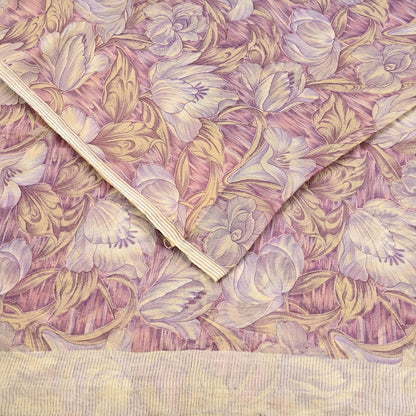 Vintage Saree Beige Pure Chiffon Silk Printed Sari Craft Fabric Sewing 5Yard Soft quilting crafting dress making