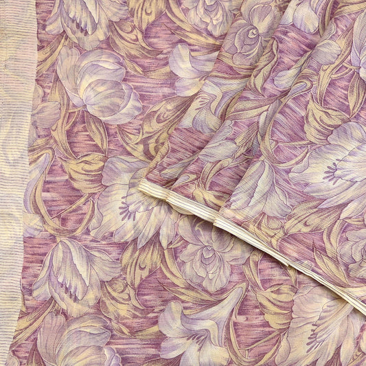 Vintage Saree Beige Pure Chiffon Silk Printed Sari Craft Fabric Sewing 5Yard Soft quilting crafting dress making