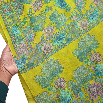 Indian Vintage Green Saree 100% Pure Georgette Silk Printed Sari Sewing 5yd Craft Fabric Dress Designing for Dress making