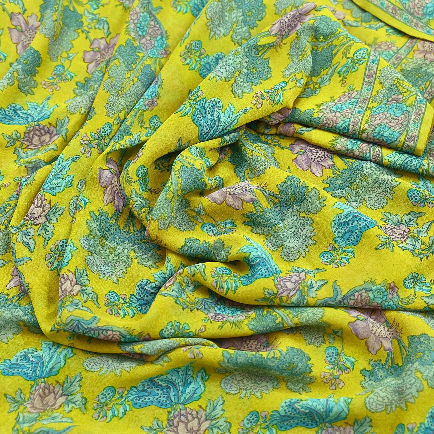 Indian Vintage Green Saree 100% Pure Georgette Silk Printed Sari Sewing 5yd Craft Fabric Dress Designing for Dress making