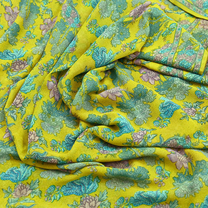 Indian Vintage Green Saree 100% Pure Georgette Silk Printed Sari Sewing 5yd Craft Fabric Dress Designing for Dress making