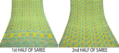 Indian Vintage Green Saree 100% Pure Georgette Silk Printed Sari Sewing 5yd Craft Fabric Dress Designing for Dress making