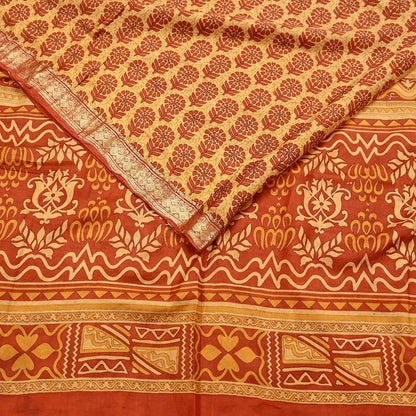 Vintage Beige & Orange Pure Silk Saree Indian Printed Silk Fabric 5 Yards Boho Craft Material for Sewing, Quilting, Dressmaking, Upcycling