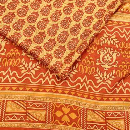 Vintage Beige & Orange Pure Silk Saree Indian Printed Silk Fabric 5 Yards Boho Craft Material for Sewing, Quilting, Dressmaking, Upcycling