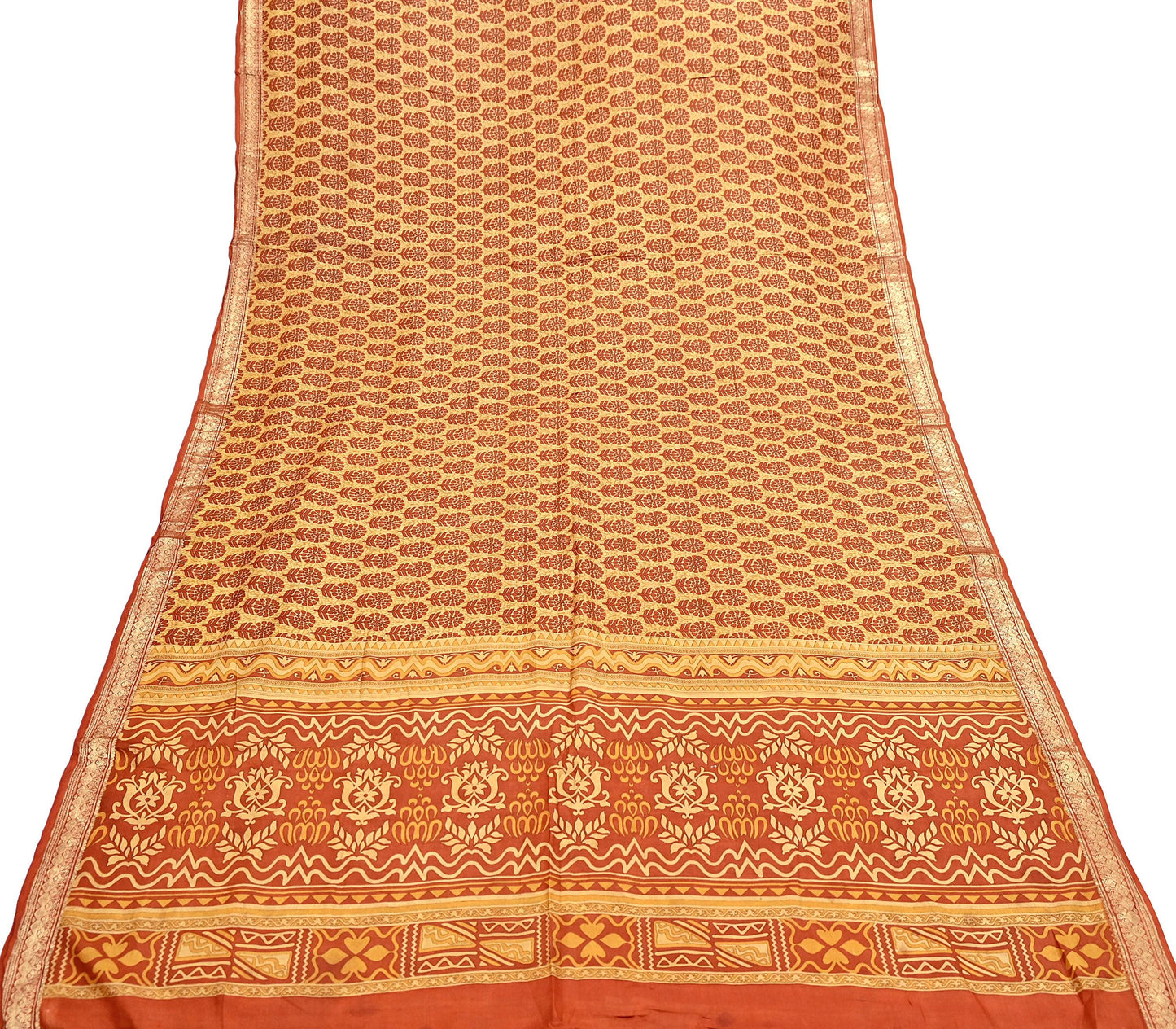 Vintage Beige & Orange Pure Silk Saree Indian Printed Silk Fabric 5 Yards Boho Craft Material for Sewing, Quilting, Dressmaking, Upcycling