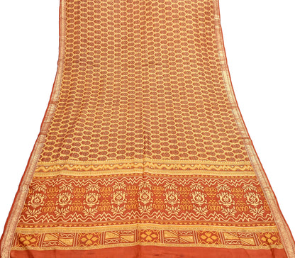Vintage Beige & Orange Pure Silk Saree Indian Printed Silk Fabric 5 Yards Boho Craft Material for Sewing, Quilting, Dressmaking, Upcycling