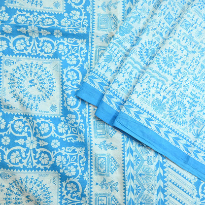 Indian Vintage Sari white & blue Pure Silk warli Printed Saree 5yd Sewing Paisley Craft Fabric DressMaking Soft Used Upcycled