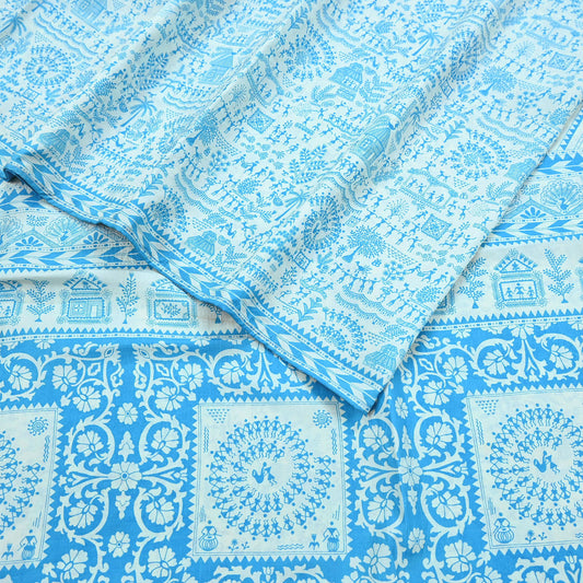 Indian Vintage Sari white & blue Pure Silk warli Printed Saree 5yd Sewing Paisley Craft Fabric DressMaking Soft Used Upcycled