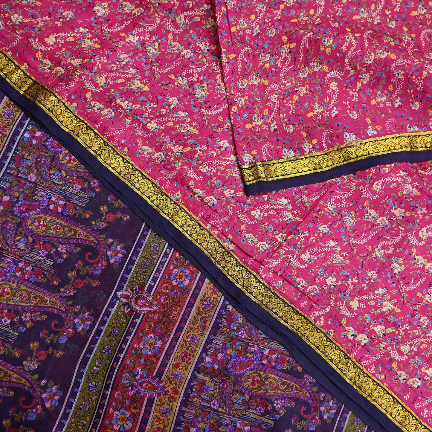 Vintage Blue & pink Pure Silk Saree Indian Printed Silk Fabric 5 Yards Boho Craft Material for Sewing, Quilting, Dressmaking, Upcycling