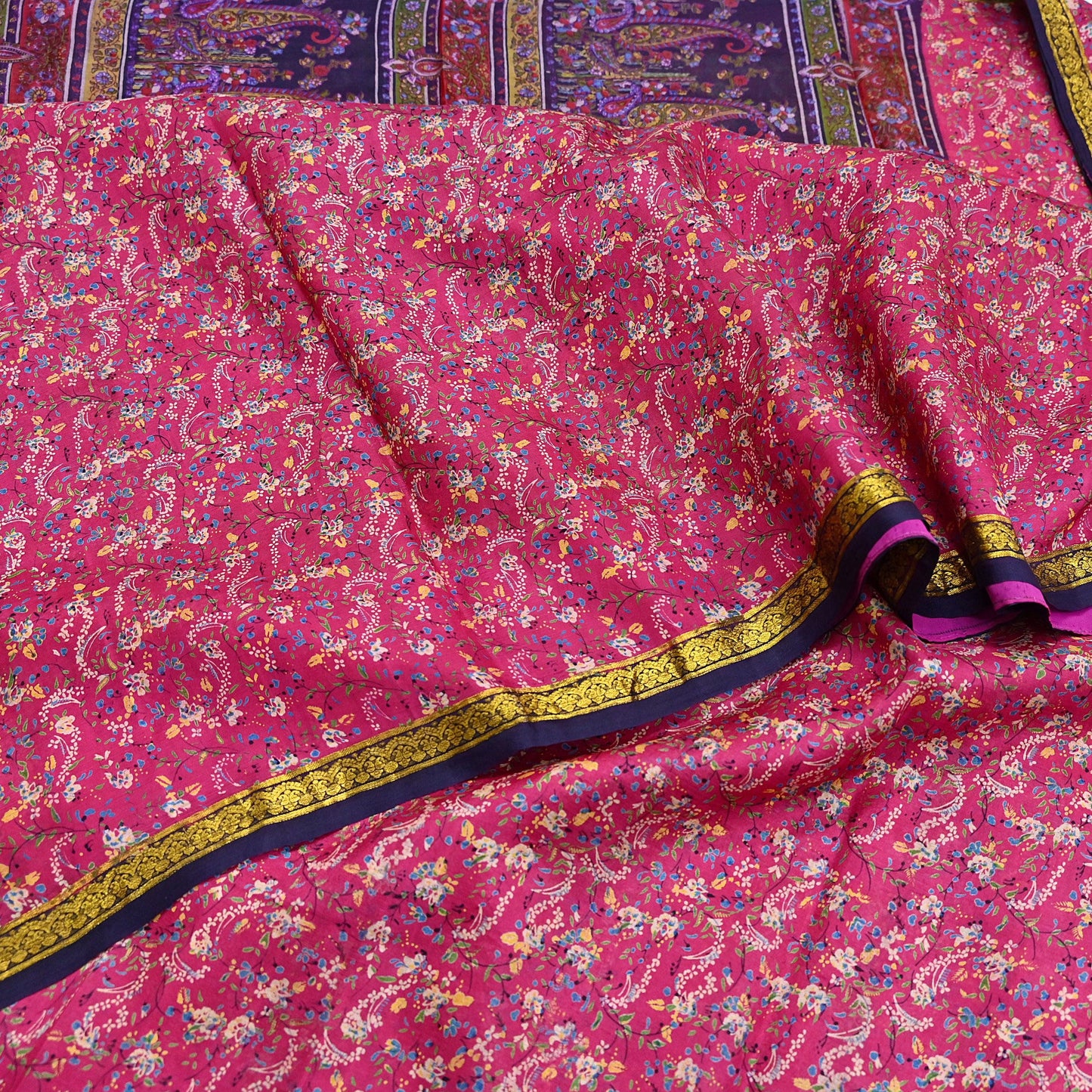 Vintage Blue & pink Pure Silk Saree Indian Printed Silk Fabric 5 Yards Boho Craft Material for Sewing, Quilting, Dressmaking, Upcycling