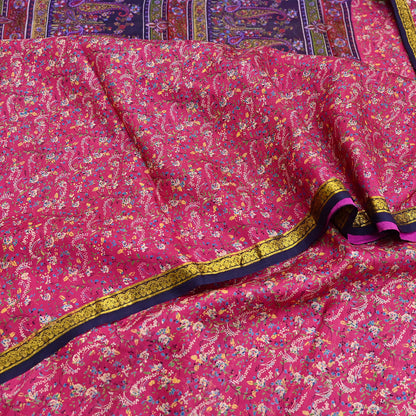 Vintage Blue & pink Pure Silk Saree Indian Printed Silk Fabric 5 Yards Boho Craft Material for Sewing, Quilting, Dressmaking, Upcycling