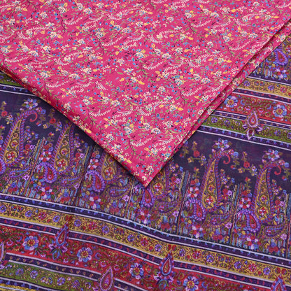Vintage Blue & pink Pure Silk Saree Indian Printed Silk Fabric 5 Yards Boho Craft Material for Sewing, Quilting, Dressmaking, Upcycling