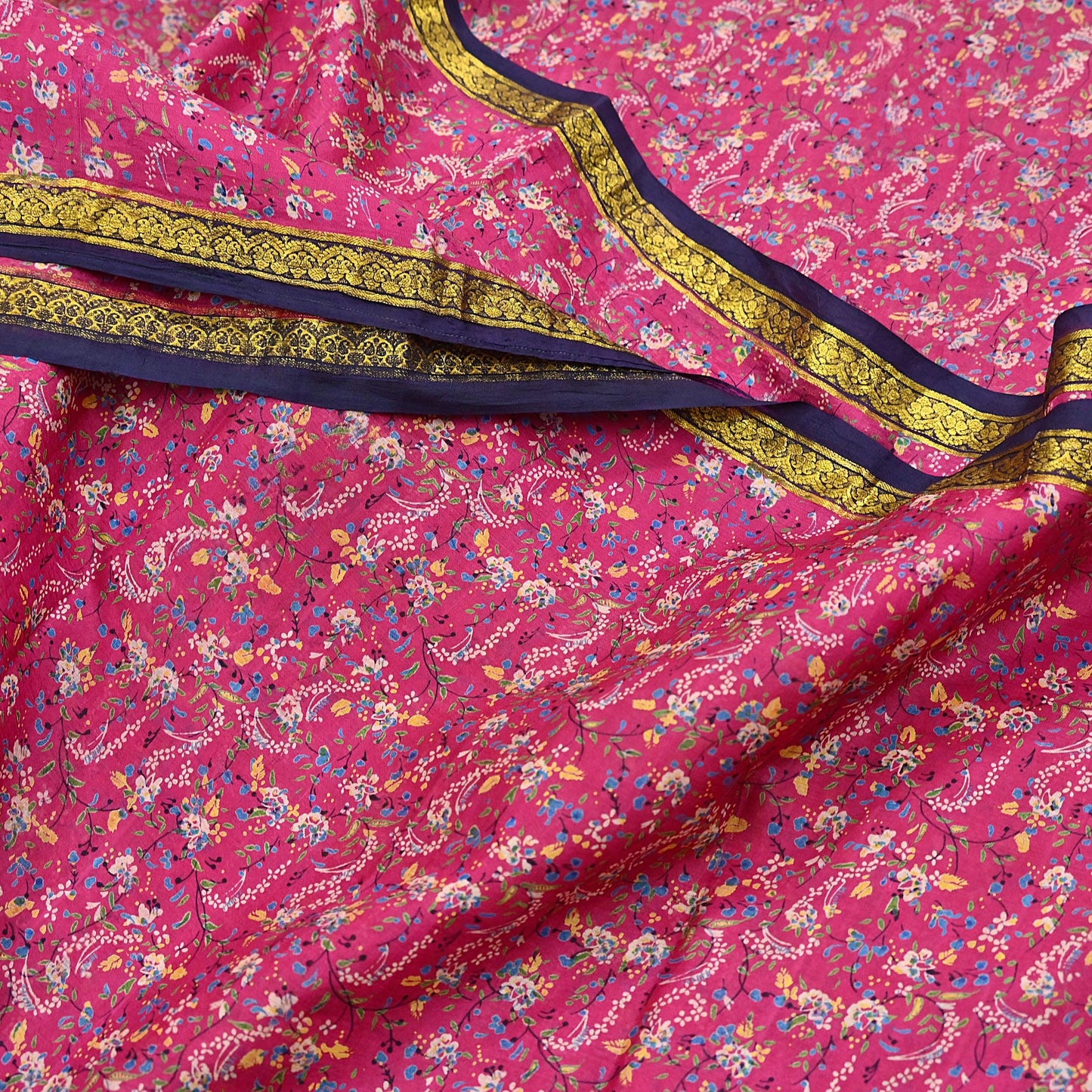 Vintage Blue & pink Pure Silk Saree Indian Printed Silk Fabric 5 Yards Boho Craft Material for Sewing, Quilting, Dressmaking, Upcycling