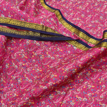 Vintage Blue & pink Pure Silk Saree Indian Printed Silk Fabric 5 Yards Boho Craft Material for Sewing, Quilting, Dressmaking, Upcycling