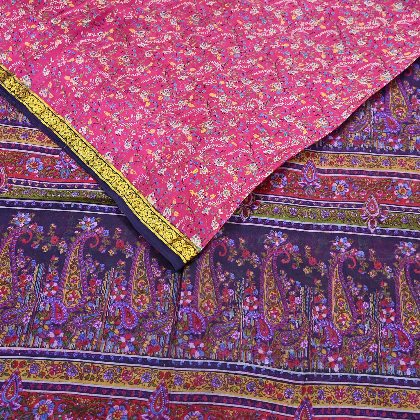 Vintage Blue & pink Pure Silk Saree Indian Printed Silk Fabric 5 Yards Boho Craft Material for Sewing, Quilting, Dressmaking, Upcycling