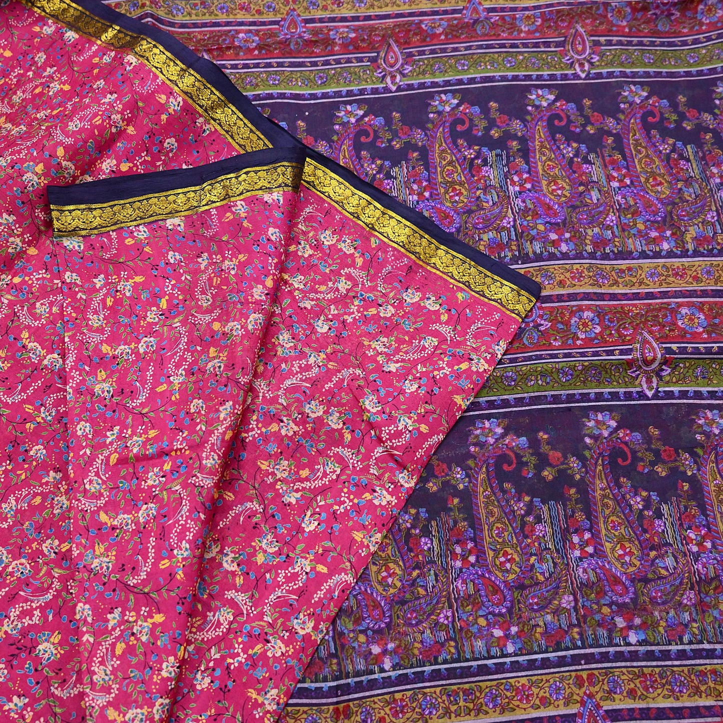 Vintage Blue & pink Pure Silk Saree Indian Printed Silk Fabric 5 Yards Boho Craft Material for Sewing, Quilting, Dressmaking, Upcycling