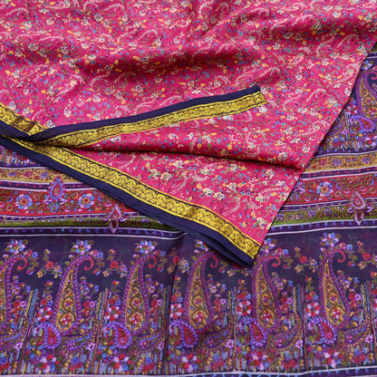 Vintage Blue & pink Pure Silk Saree Indian Printed Silk Fabric 5 Yards Boho Craft Material for Sewing, Quilting, Dressmaking, Upcycling