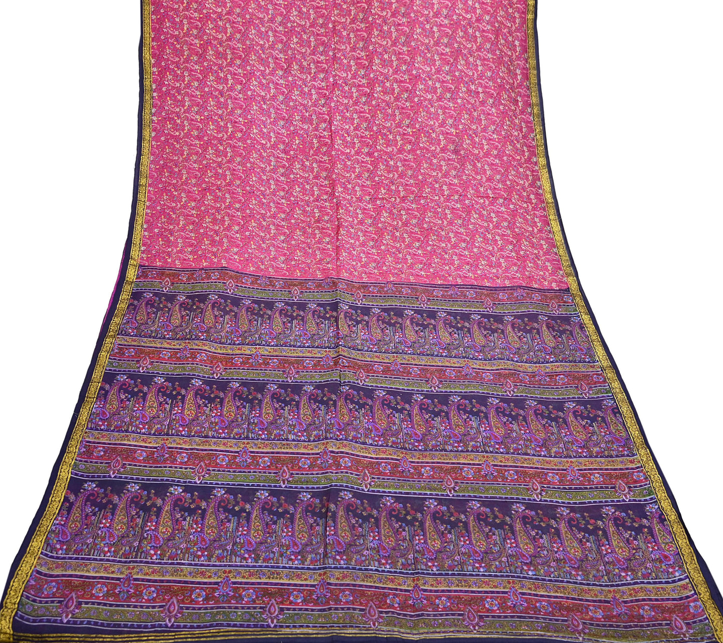 Vintage Blue & pink Pure Silk Saree Indian Printed Silk Fabric 5 Yards Boho Craft Material for Sewing, Quilting, Dressmaking, Upcycling