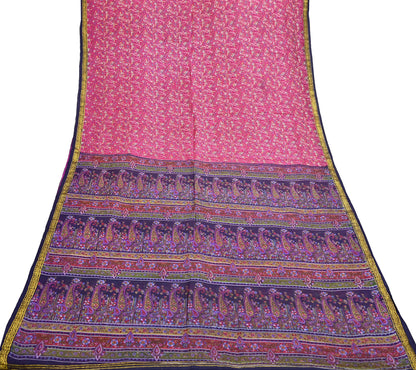 Vintage Blue & pink Pure Silk Saree Indian Printed Silk Fabric 5 Yards Boho Craft Material for Sewing, Quilting, Dressmaking, Upcycling