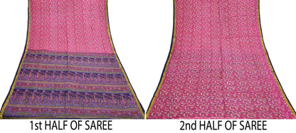 Vintage Blue & pink Pure Silk Saree Indian Printed Silk Fabric 5 Yards Boho Craft Material for Sewing, Quilting, Dressmaking, Upcycling