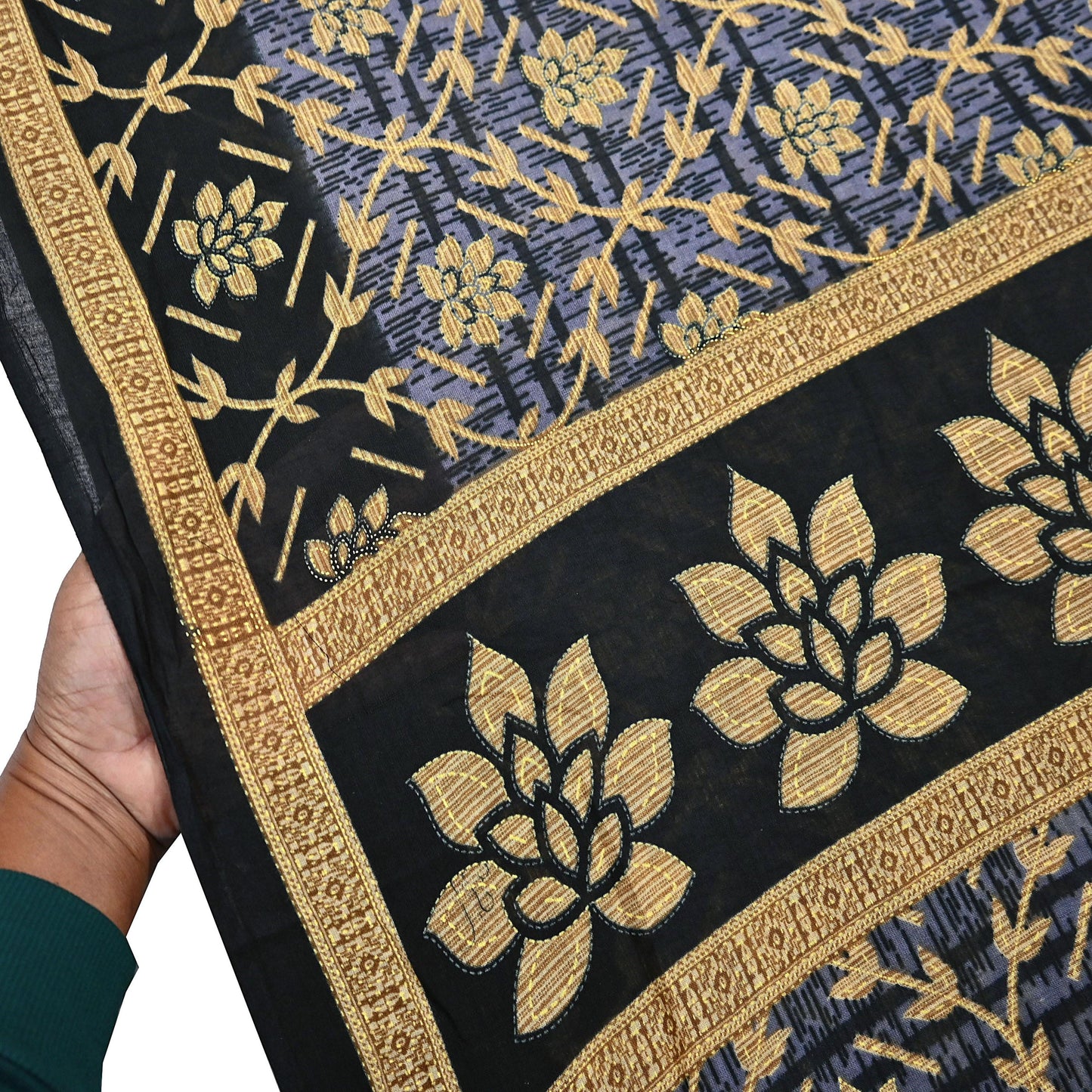 Indian Vintage Sari Black & Purple Pure Cotton Printed Sarees Craft Fabric Soft 5Yd Sarong Wrap Boho Fabric Kimono Quilting Crafting Upcycle