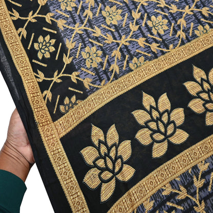 Indian Vintage Sari Black & Purple Pure Cotton Printed Sarees Craft Fabric Soft 5Yd Sarong Wrap Boho Fabric Kimono Quilting Crafting Upcycle